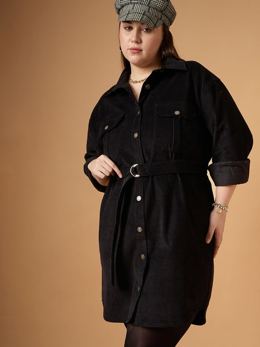 Women Black Corduroy Front Button Dress