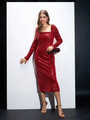 Sassafras-Women Red Sequin Square Neck Midi Dress