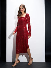 Sassafras-Women Red Sequin Square Neck Midi Dress