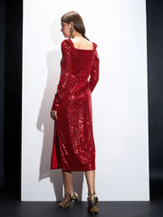 Sassafras-Women Red Sequin Square Neck Midi Dress