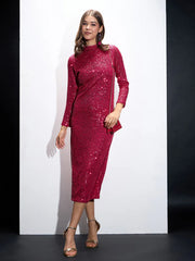 Sassafars-Women Fuchsia Sequin High Neck Midi Dress