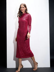 Sassafars-Women Fuchsia Sequin High Neck Midi Dress