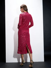 Sassafars-Women Fuchsia Sequin High Neck Midi Dress