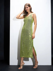 Sassafras-Women Green Sequin Strappy Maxi Dress