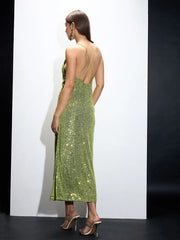 Sassafras-Women Green Sequin Strappy Maxi Dress