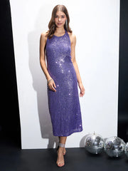 Sassafras-Women Purple Sequin Halter Neck Short Dress