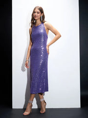 Sassafras-Women Purple Sequin Halter Neck Short Dress