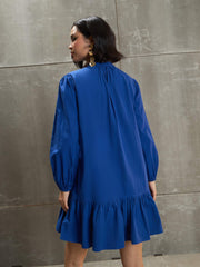 Women Royal Blue Poplin Frill Hem Short Dress