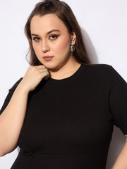 Women Black Rib Below Knee Skater Dress