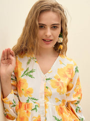 Women Yellow Floral Ruffle Hem V-Neck Short Dress