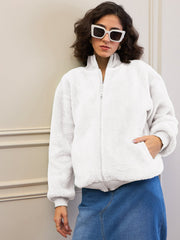 Women White Fur High Neck Front Zipper Jacket