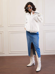 Women White Fur High Neck Front Zipper Jacket