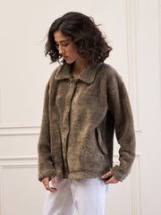 Women Dark Grey Fur Flap Pockets Detail Jacket