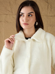 Women Off White Fur Flap Pockets Jacket