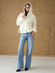 Women White Fur Button Placket Hooded Jacket