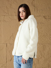 Women White Fur Button Placket Hooded Jacket