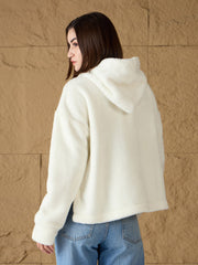 Women White Fur Button Placket Hooded Jacket