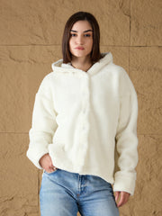 Women White Fur Button Placket Hooded Jacket