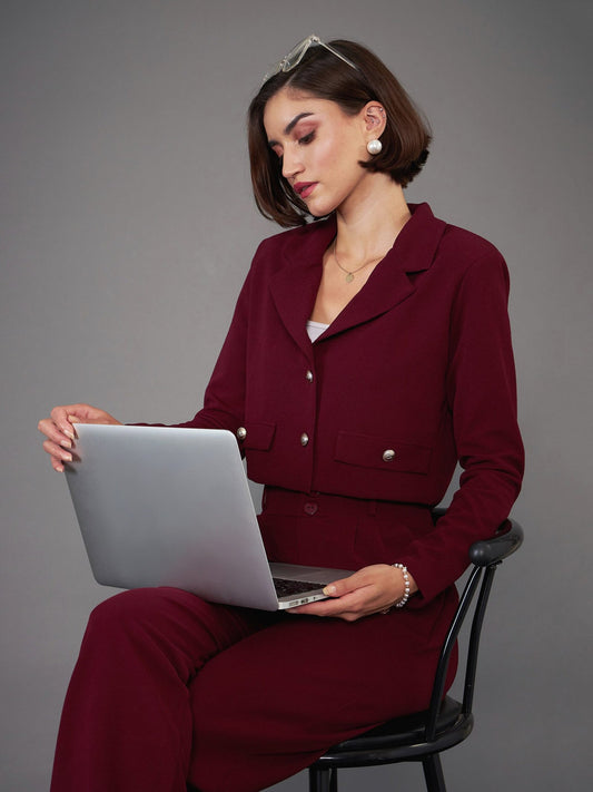 Women Burgundy Notch Collar Crop Blazer