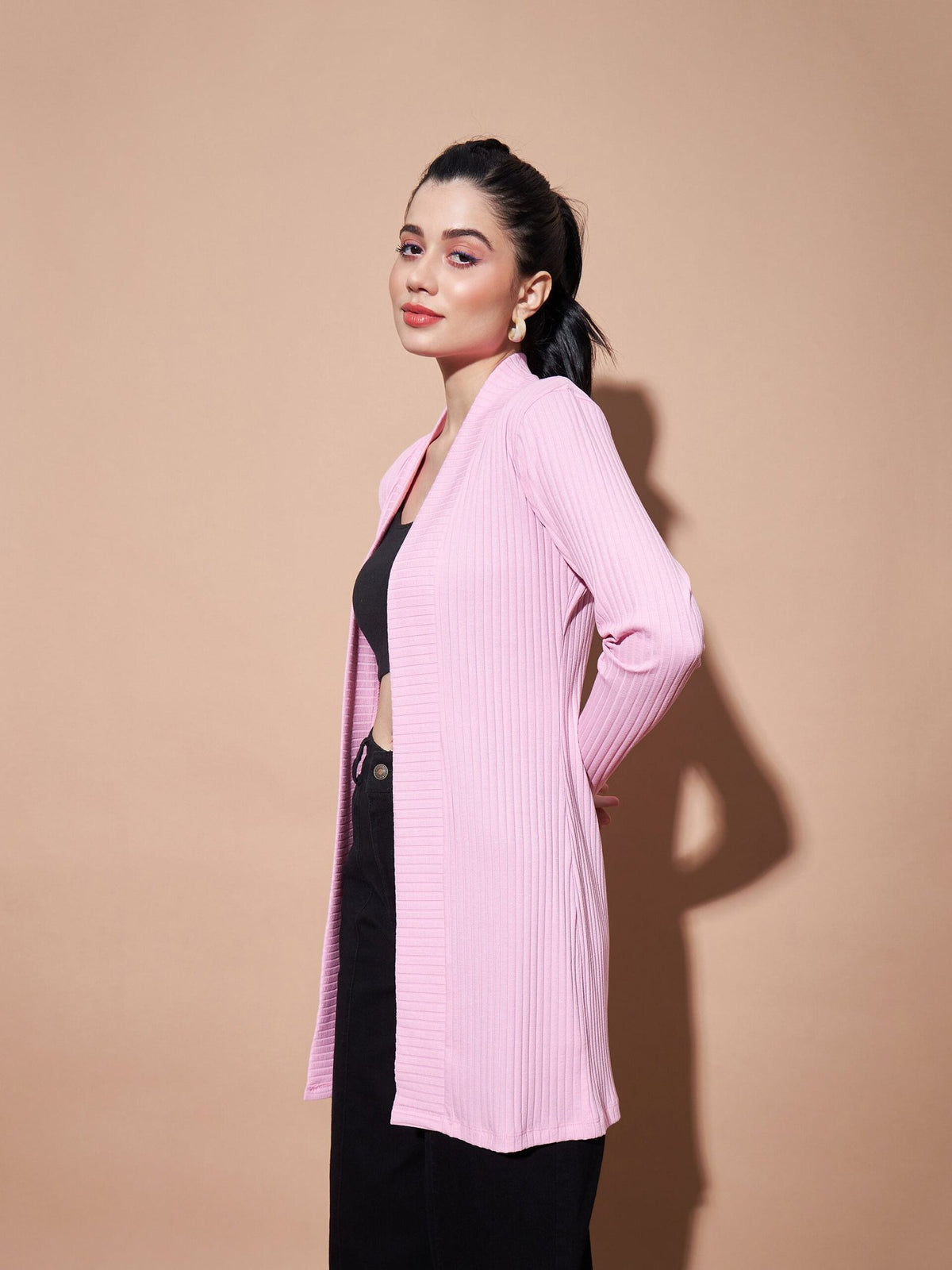 Women Pink Full Sleeves Rib Shrug