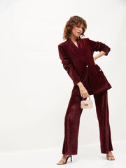 Women Maroon Velvet Shawl Collar Blazer