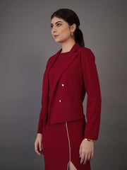 Women Red Notch Collar Single-Breasted Blazer