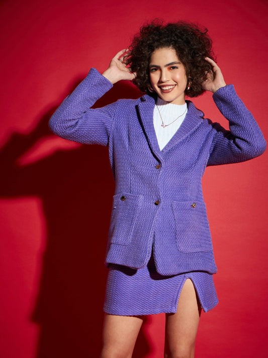 Women Purple Tweed Notch Collar Blazer