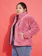 Women Pink Fur Contrast Piping Zipper Jacket