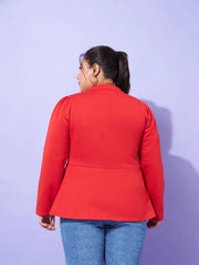 Women Red Fleece Button Peplum Jacket