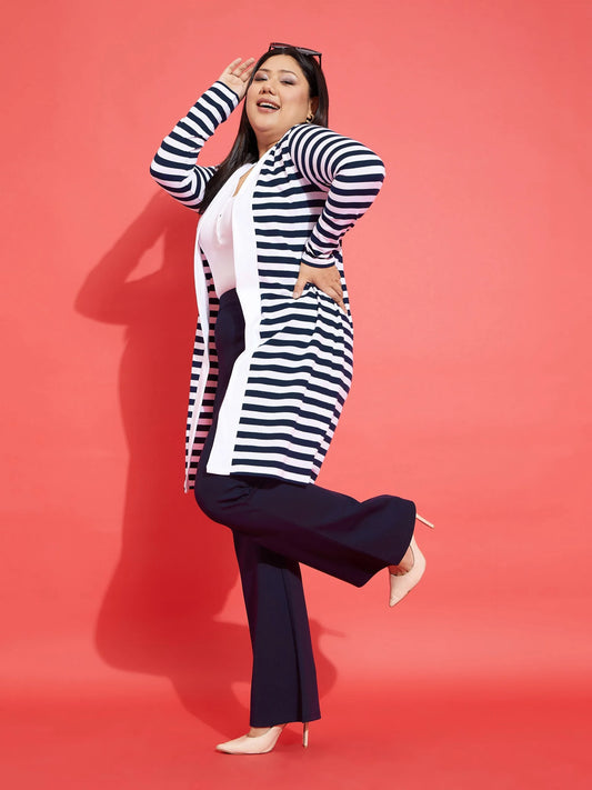 Women Navy & White Striped Front Open Shrug