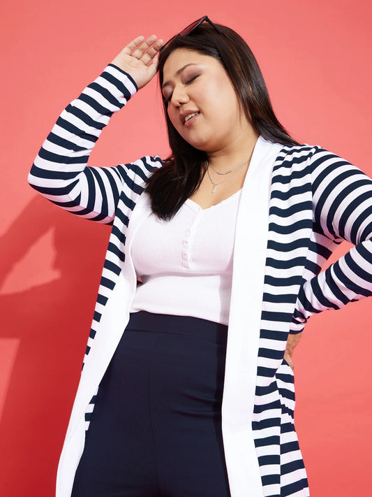 Women Navy & White Striped Front Open Shrug