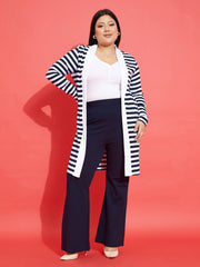 Women Navy & White Striped Front Open Shrug