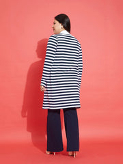 Women Navy & White Striped Front Open Shrug