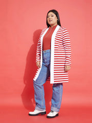 Women Red & White Striped Front Open Shrug