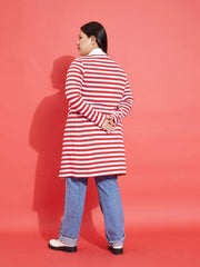 Women Red & White Striped Front Open Shrug