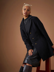 Women Black Tweed Notch Collar Longline Blazer