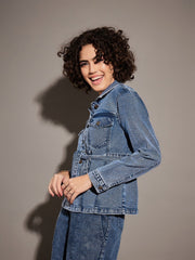 Women Classic Blue Denim Belted Jacket