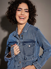 Women Classic Blue Denim Belted Jacket