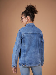 Women Ice Blue Washed Denim Oversized Jacket