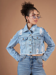 Women Ice Blue Distressed Denim Crop Jacket