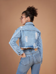 Women Ice Blue Distressed Denim Crop Jacket