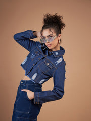 Women Ice Blue Distressed Denim Crop Jacket