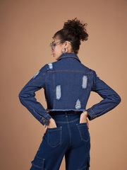 Women Ice Blue Distressed Denim Crop Jacket