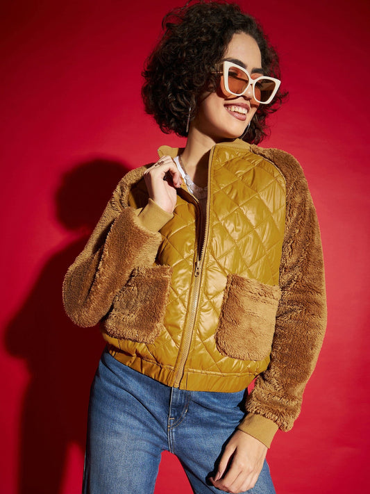 Women Mustard Faux Fur Detail Bomber Jacket