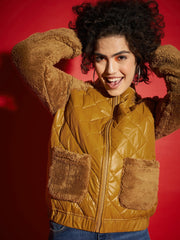 Women Mustard Faux Fur Detail Bomber Jacket