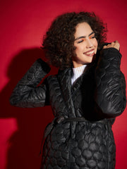 Women Black Hooded Longline Puffer Jacket