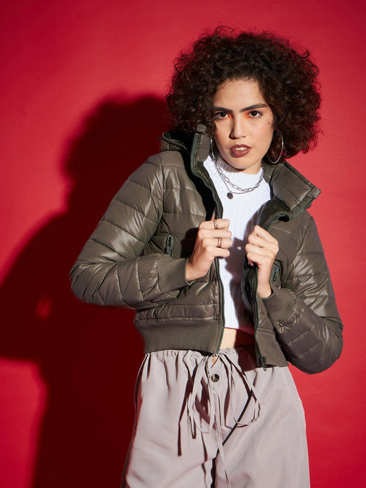 Women Olive Hooded Crop Bomber Jacket