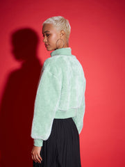 Women Green Fur High Neck Crop Bomber Jacket