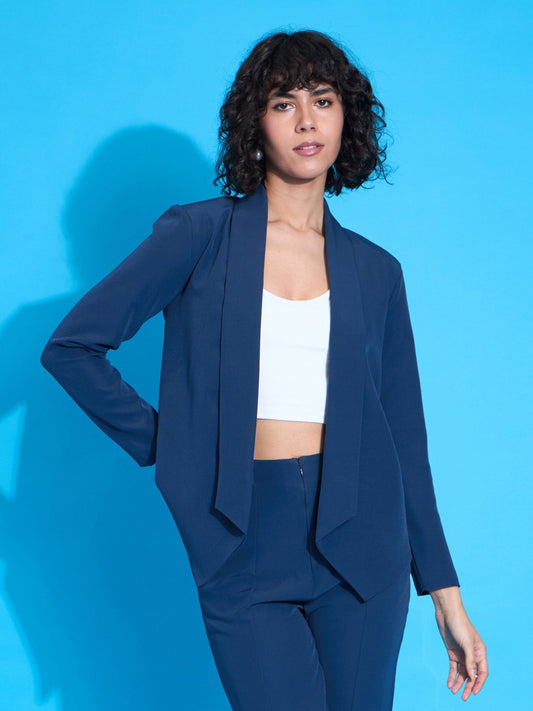 Women Royal Blue Shawl Collar Front Open Blazer