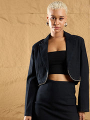 Women Black Denim Notch Collar Crop Blazer